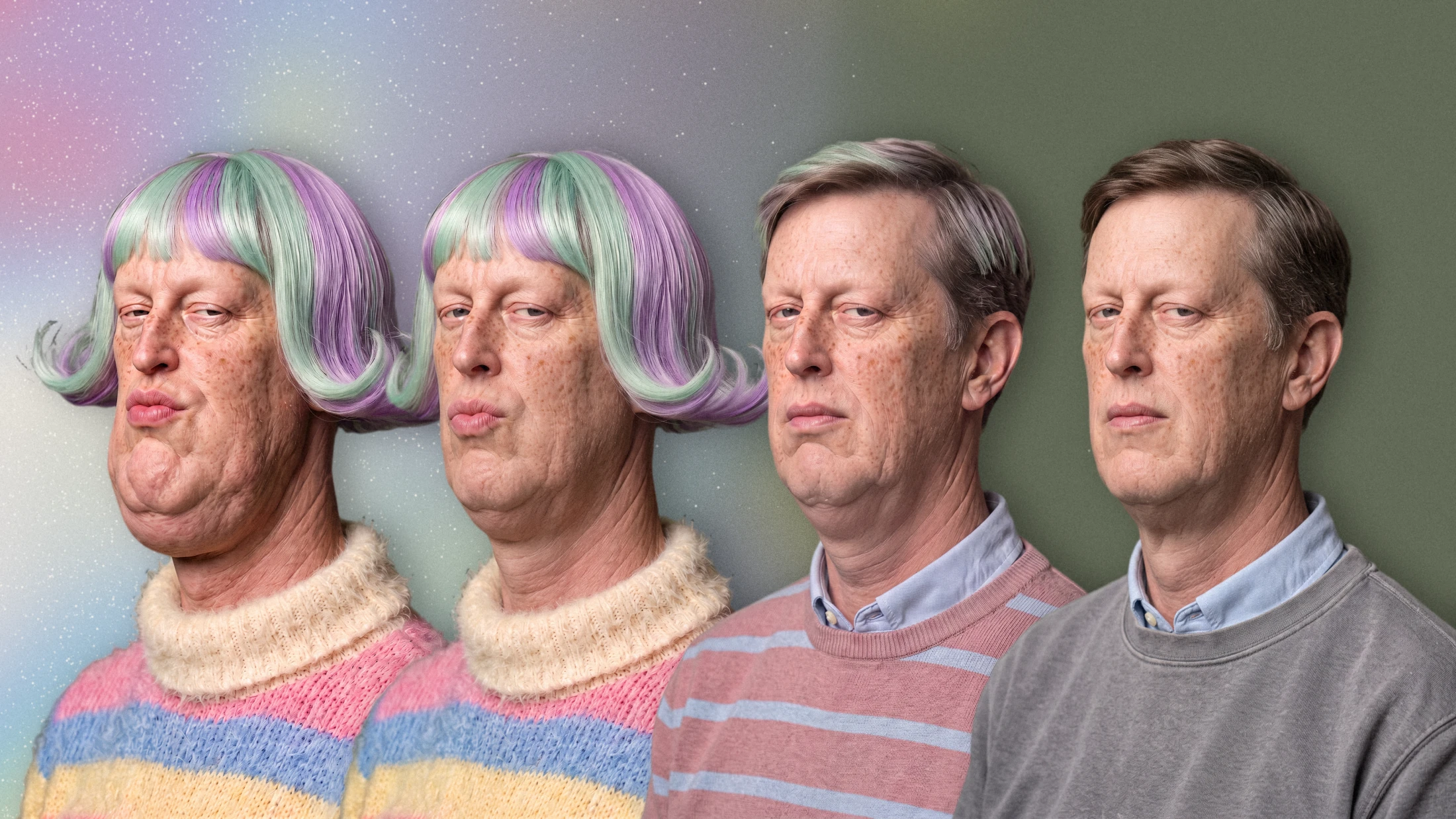 Four portraits progress from exaggerated features and pastel hair to a more natural appearance against a grainy galaxy background.