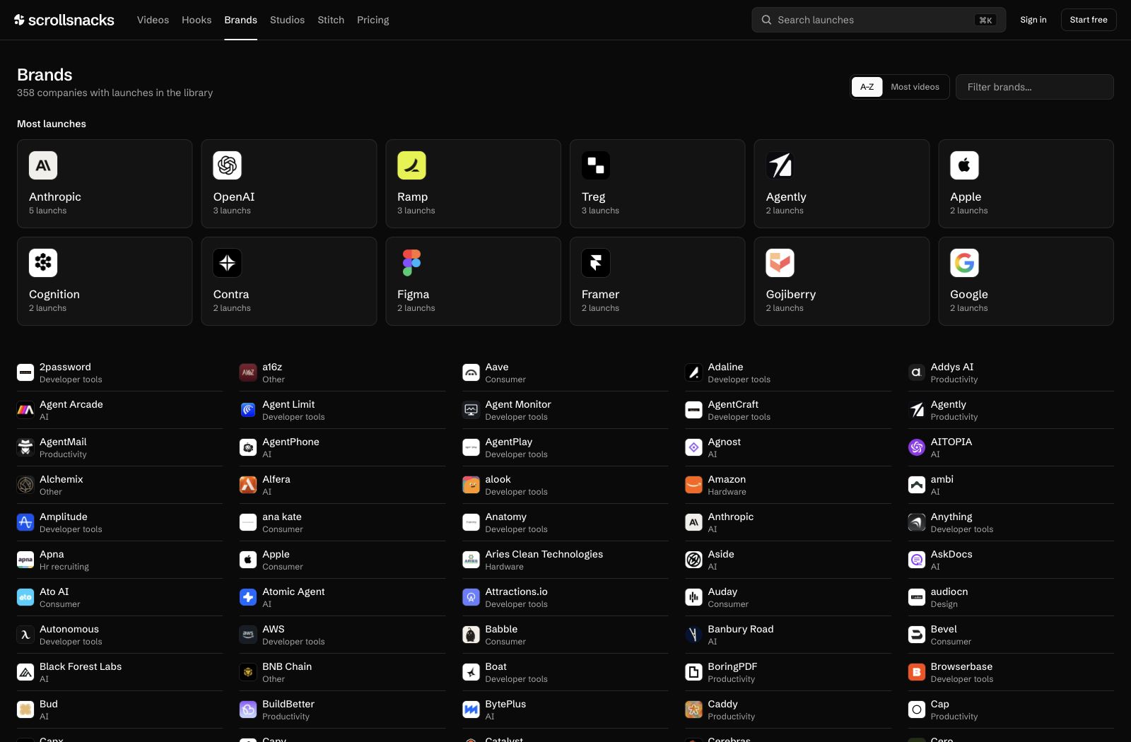Scrollsnacks brand directory with company logos and a searchable alphabetical index.