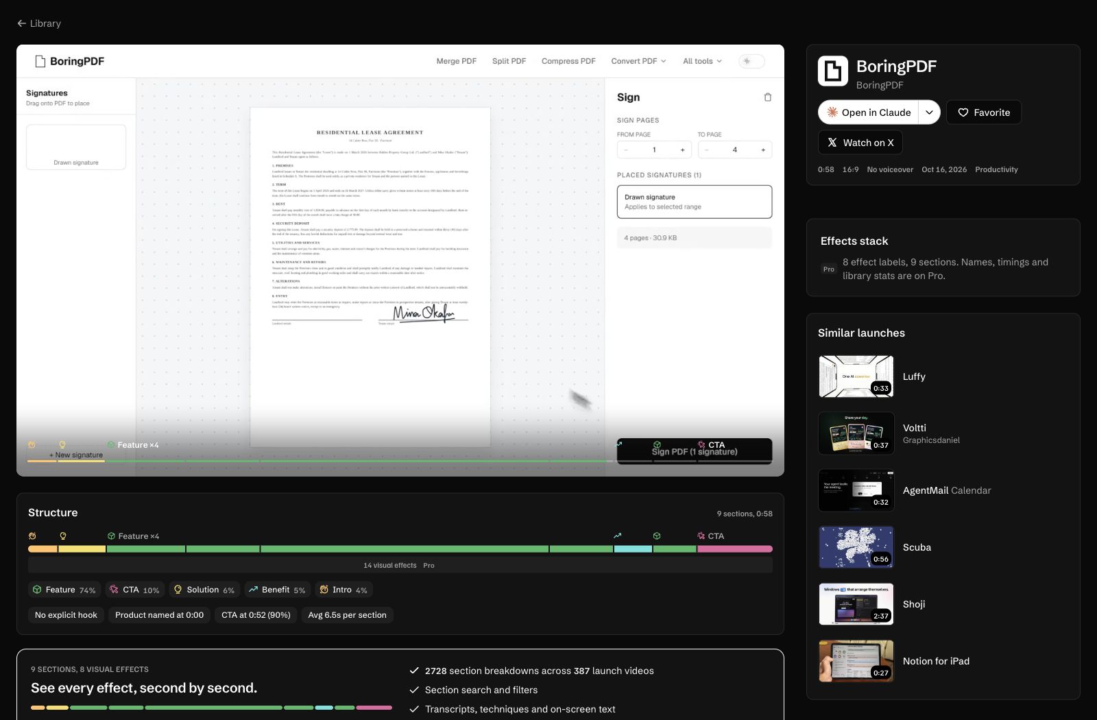 BoringPDF launch video with its section timeline, structure and product information.