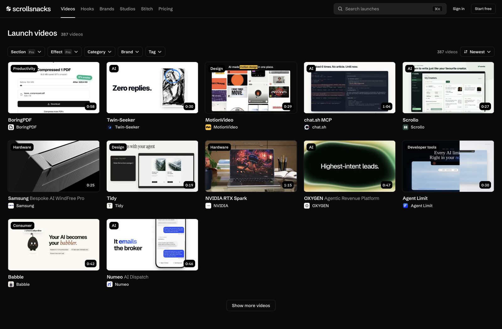 Scrollsnacks library showing launch videos, category filters and durations.