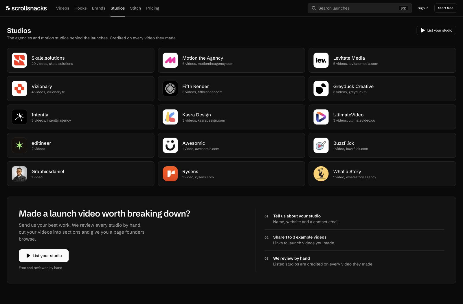 Scrollsnacks studio directory with agency names, logos and credited videos.